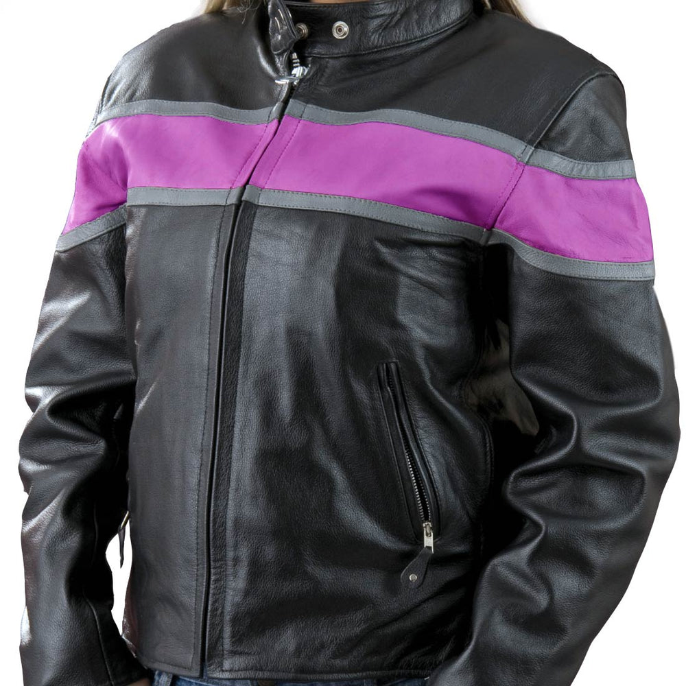 Genuine Leather EL7111 Ladies Black and Purple Racer Style Leather Jacket