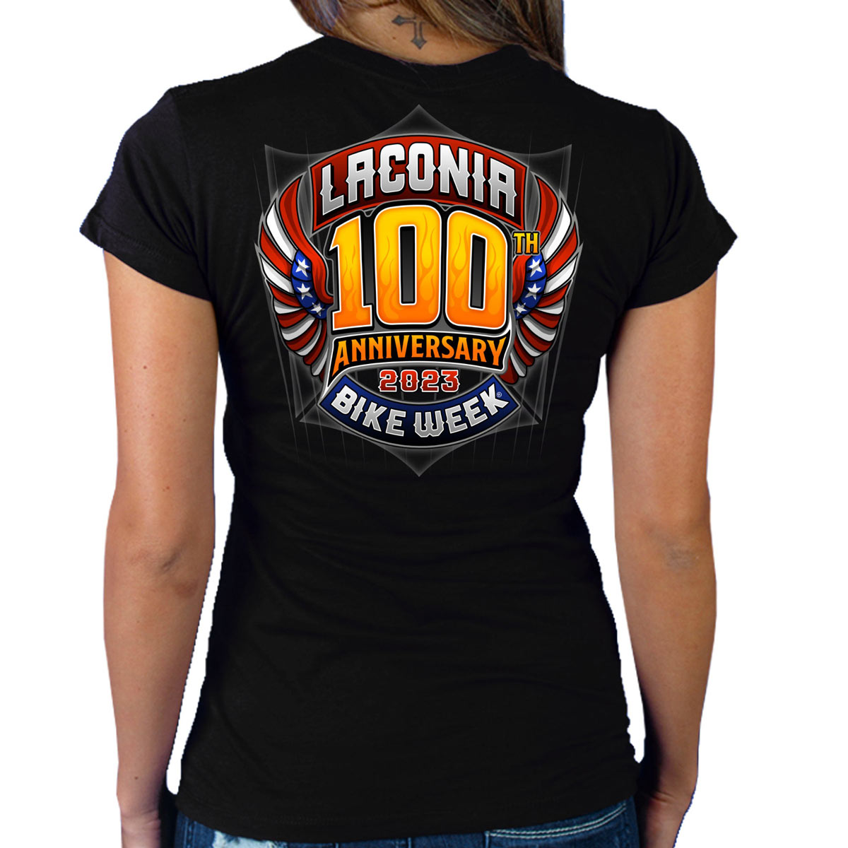 Hot Leathers ELL1081 Women's Black Laconia Bike Week 2023 100th Anniversary T-Shirt