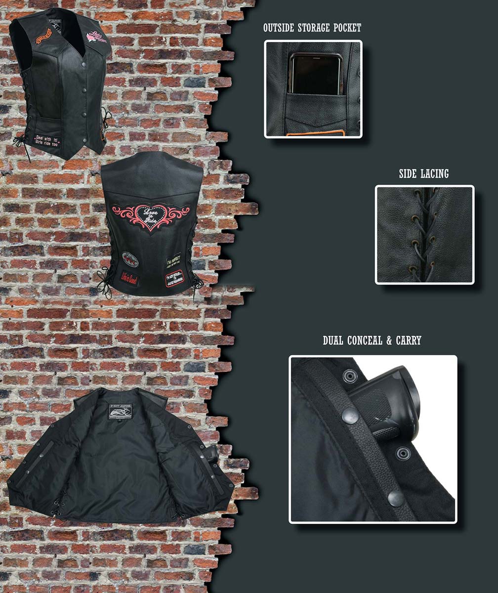 Event Leather ELL4900 Women’s 'Love to Ride' Black Leather Motorcycle Patched Embroidered Vests with Side Laces