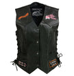 Event Leather ELL4900 Women’s 'Love to Ride' Black Leather Motorcycle Patched Embroidered Vests with Side Laces