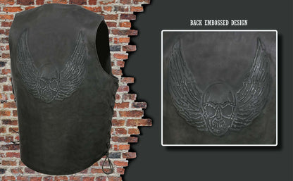 Event Leather's ELM3905 Men's 'Mayhem' 100% Genuine Motorcycle Leather Vest | Biker Vests with Embossed Skull & Wing