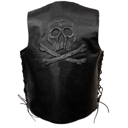 Event Leather ELM3915 Men's Black Side Lace Motorcycle Leather Vest with Skull and Cross Bones Emboss