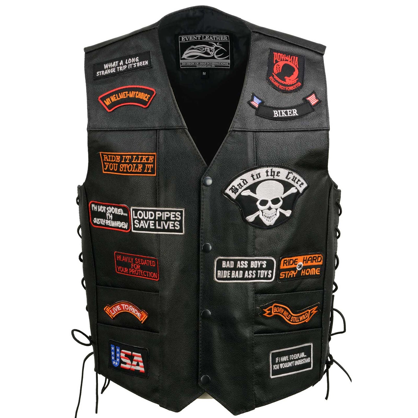 Event Leather Men's Genuine Motorcycle Leather Patched Biker Vest w/6 Pockets and 23 Patches w/Conceal Carry ELM3920