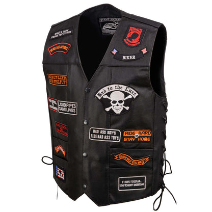 Event Leather Men's Genuine Motorcycle Leather Patched Biker Vest w/6 Pockets and 23 Patches w/Conceal Carry ELM3920