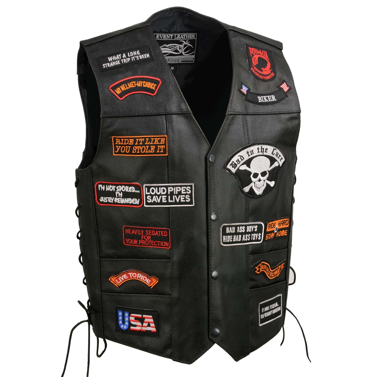 Event Leather Men's Genuine Motorcycle Leather Patched Biker Vest w/6 Pockets and 23 Patches w/Conceal Carry ELM3920