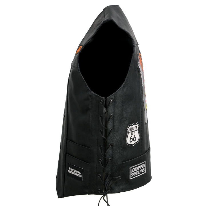 Event Leather ELM3930 Men’s Black Motorcycle Riders Leather Vest w/ 9 Patches and Adjustable Side Laces