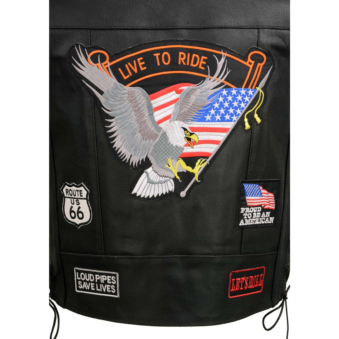 Event Leather ELM3930 Men’s Black Motorcycle Riders Leather Vest w/ 9 Patches and Adjustable Side Laces