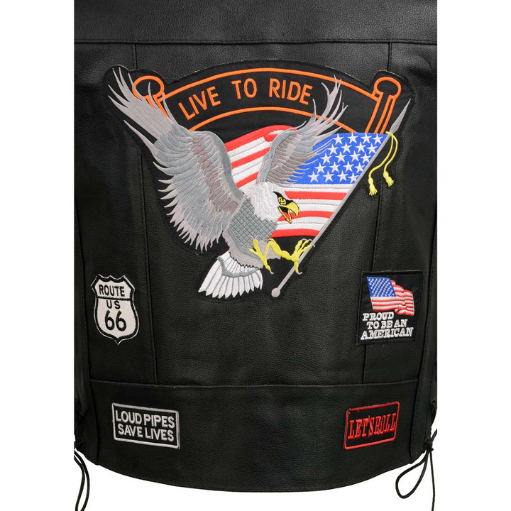 Event Leather ELM3930 Men’s Black Motorcycle Riders Leather Vest w/ 9 Patches and Adjustable Side Laces
