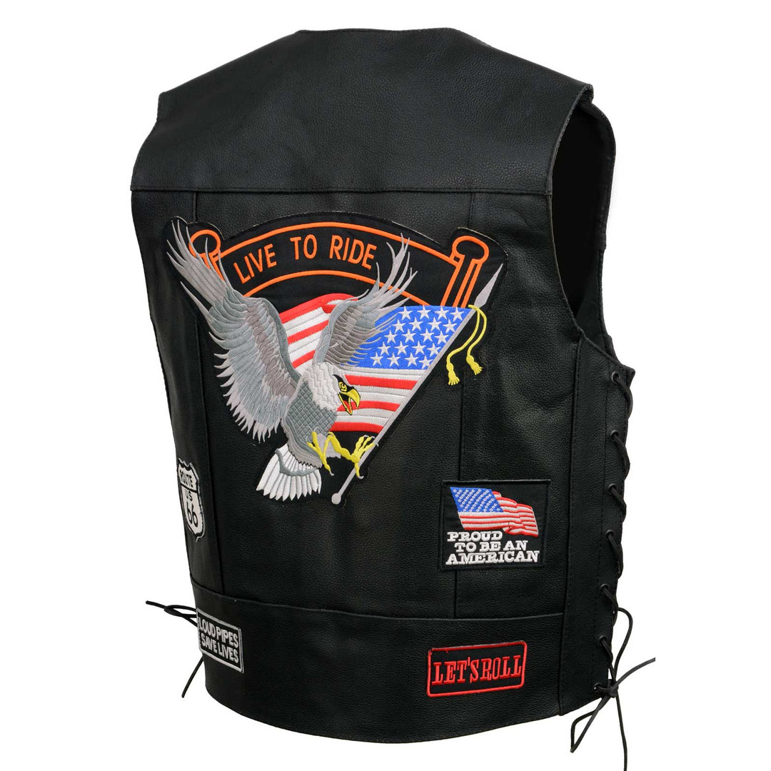 Event Leather ELM3930 Men’s Black Motorcycle Riders Leather Vest w/ 9 Patches and Adjustable Side Laces