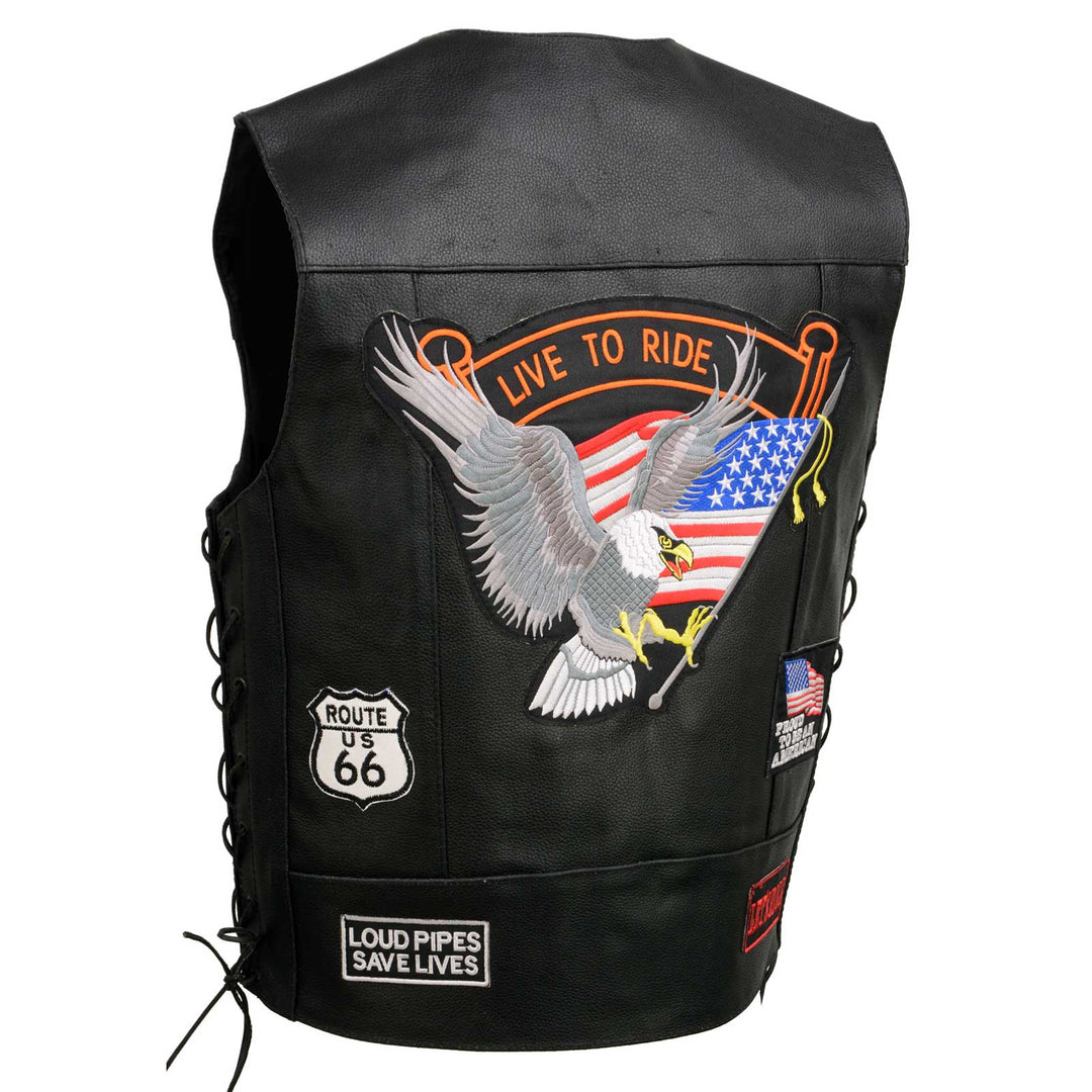 Event Leather ELM3930 Men’s Black Motorcycle Riders Leather Vest w/ 9 Patches and Adjustable Side Laces