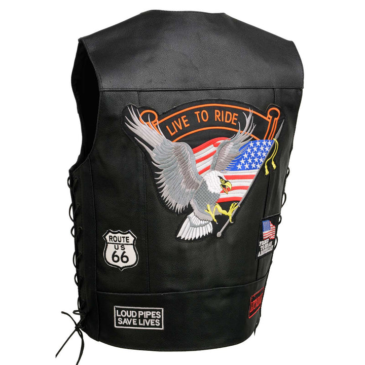 Event Leather ELM3930 Men’s Black Motorcycle Riders Leather Vest w/ 9 Patches and Adjustable Side Laces
