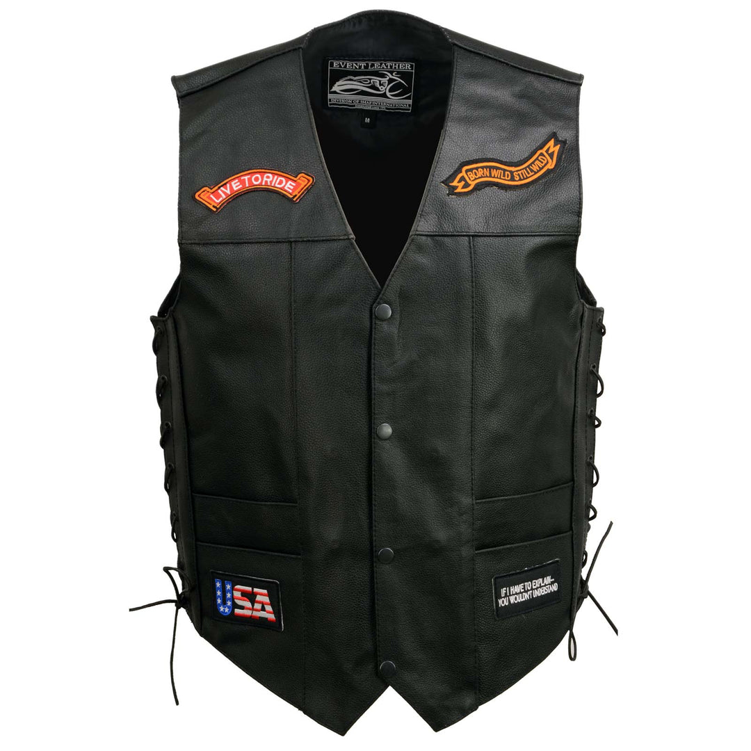 Event Leather ELM3930 Men’s Black Motorcycle Riders Leather Vest w/ 9 Patches and Adjustable Side Laces