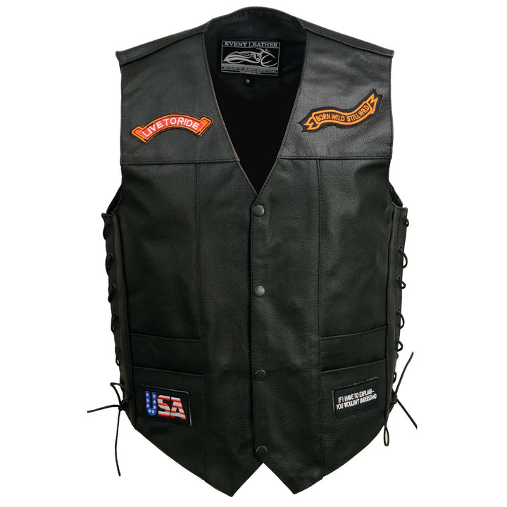 Event Leather ELM3930 Men’s Black Motorcycle Riders Leather Vest w/ 9 Patches and Adjustable Side Laces