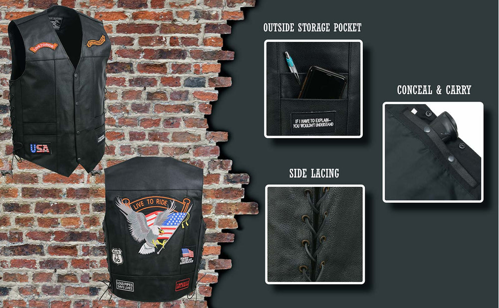 Event Leather ELM3930 Men’s Black Motorcycle Riders Leather Vest w/ 9 Patches and Adjustable Side Laces