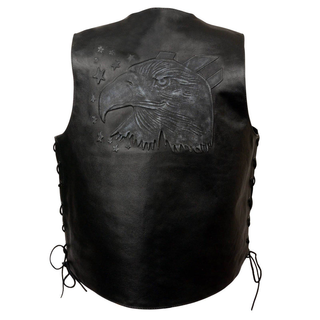 Event Leather ELM3940 Men's Motorcycle Riders Black Leather Vest w/ Embossed American Bald Eagle Head and Stars