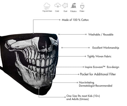 Milwaukee Leather FMD1013 Men's 'Skull Face' 100 % Cotton Protective Face Mask with Optional Filter Pocket