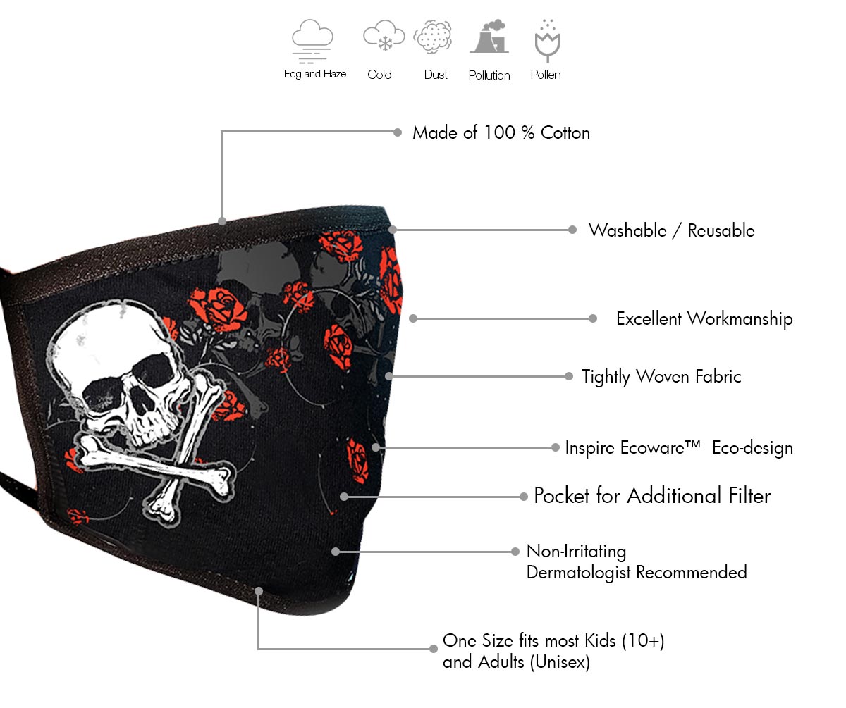 Milwaukee Leather FMD1020 Ladies 'Rose and Skull' 100 % Cotton Protective Face Mask with Optional Filter Pocket