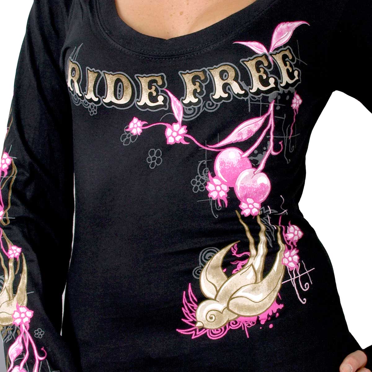 Hot Leathers GLC3131 Women's Cherries Scoop Neck Black Long Sleeve T-Shirt