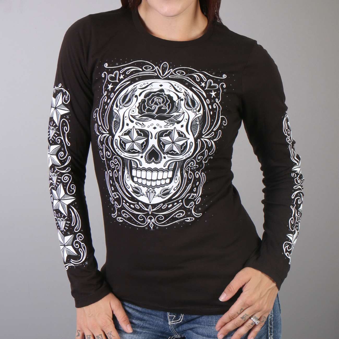 Hot Leathers GLC3183 Sugar Skull Black Long Sleeve Ladies Shirt