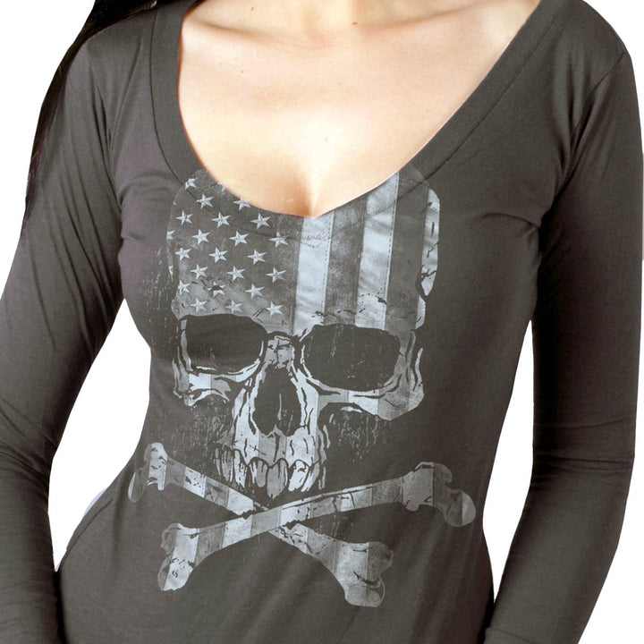 Hot Leathers GLC3495 Flag Skull Ladies Smoke Color Long Sleeve Shirt