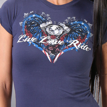 Hot Leathers GLD1297 'Live,Love, Ride' Ladies Angel Wings Navy Blue  T-Shirt