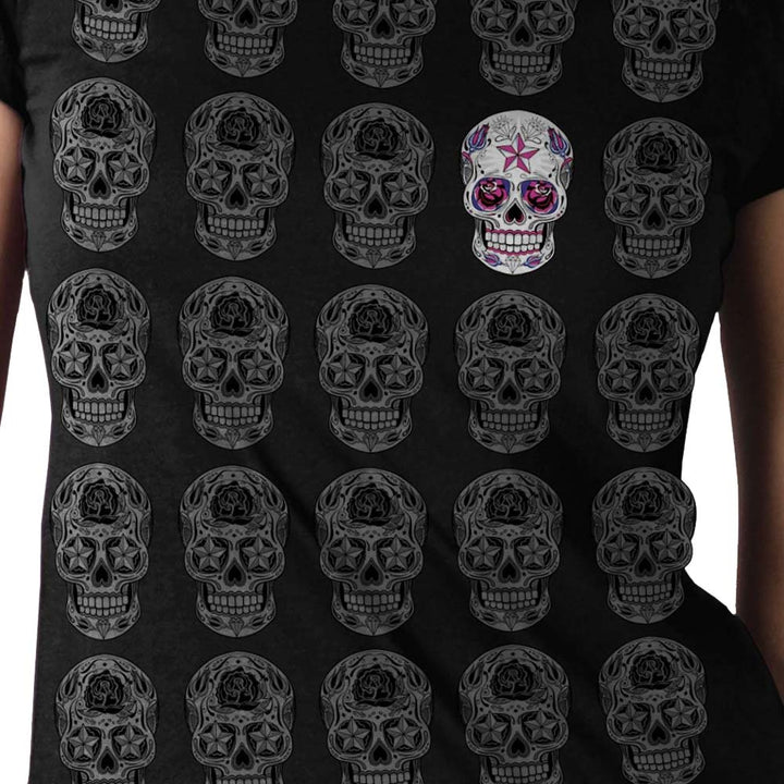 Hot Leathers GLR1519 Sugar Skull Pattern Ladies Full Cut Black T-Shirt