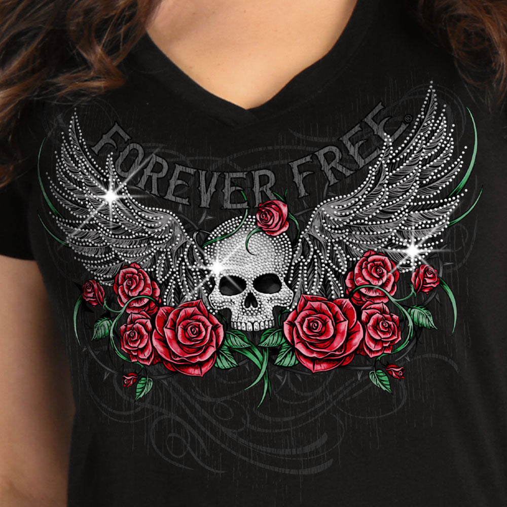 Hot Leathers GLR1575 Women's Black Short Sleeve Skull Wing Roses T-Shirt