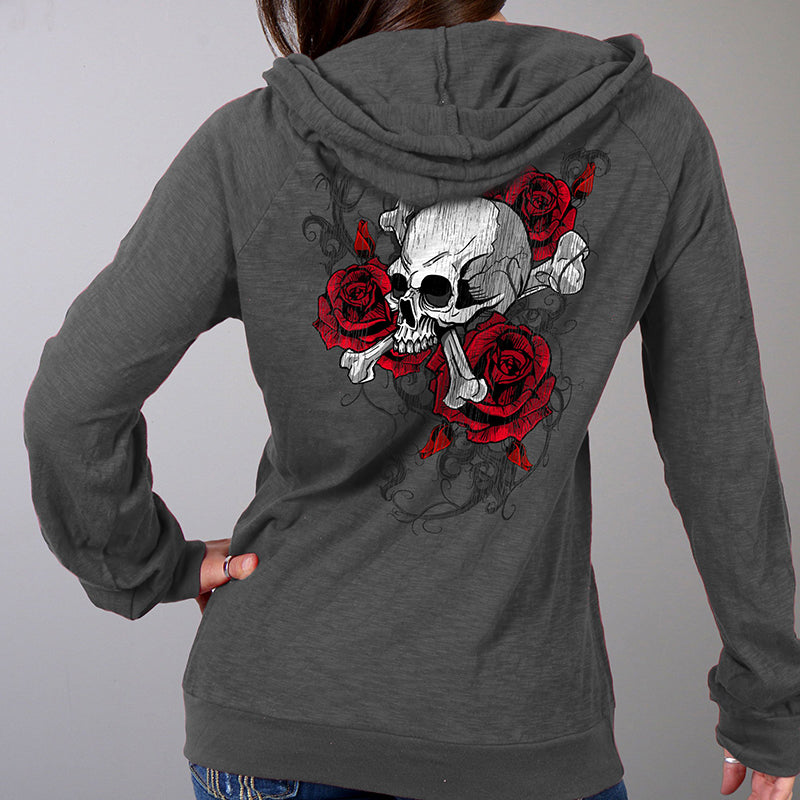 Hot Leathers GLZ4525 Ladies Skull Roses Dark Gray Hooded Sweatshirt