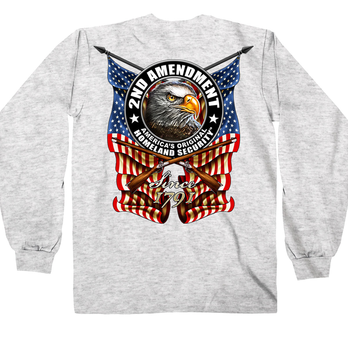 Hot Leathers GMD2338 Mens' 2nd Amendment Down Flags' Eagle Long Sleeve Ash Shirt