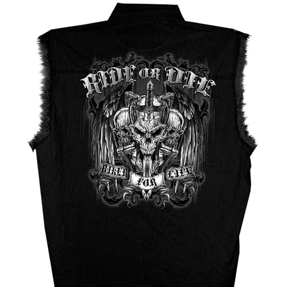 Hot Leathers GMD5015 Men's Black Ride or Die Skull Sleeveless Denim Button Shirt