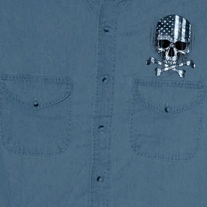 Hot Leathers GMD5372 Mens 'Flag and Skull' Sleeveless Blue Denim Shirt