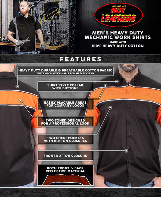 Hot Leathers GMM1004 Men's Classic Mechanic 2-Tone Button Up Work Shirt w/ Reflective Material