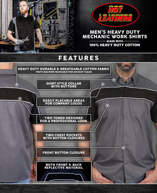 Hot Leathers GMM1005 Men's Classic Mechanic 2-Tone Button Up Work Shirt w/ Reflective Material