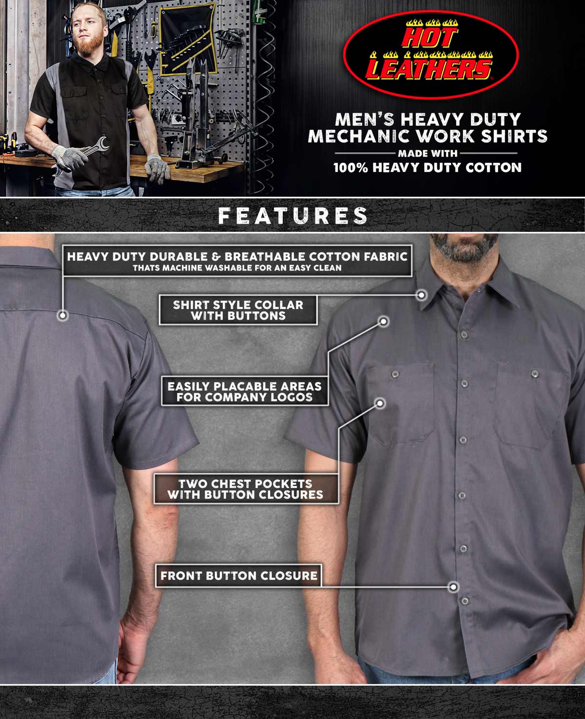 Hot Leathers GMM1010 Men's Mechanic Charcoal Button Up Heavy-Duty Work Shirt for | Classic Mechanic Work Shirt