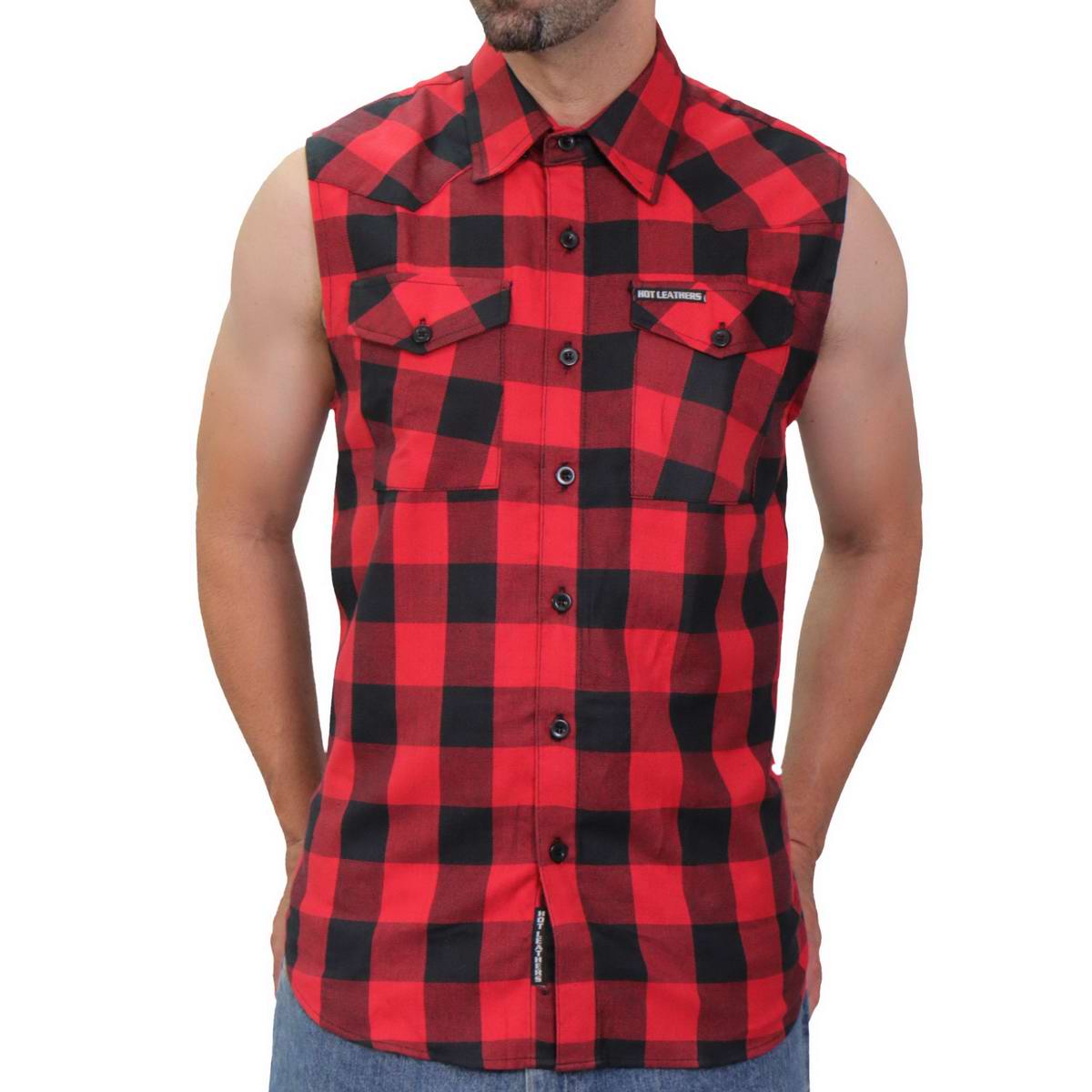 Hot Leathers GMS3491 Men’s Black and Red Patriot Skull Sleeveless Flannel Shirt