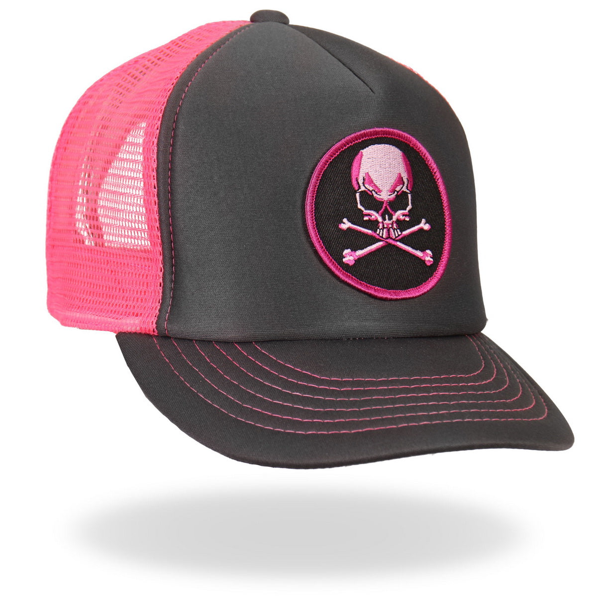 Hot Leathers GSH1011 Skull and Crossbones Grey and Pink Trucker Hat