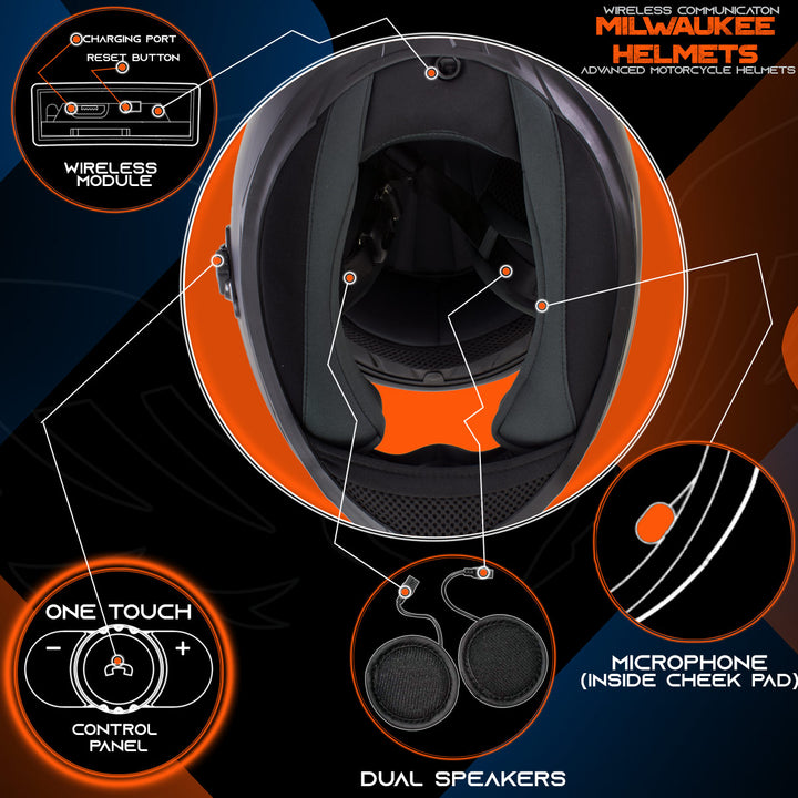 Milwaukee Helmets H512 Titanium and Blue Chit-Chat Full Face Wireless Motorcycle Helmet-Stream Music-Phone Calls