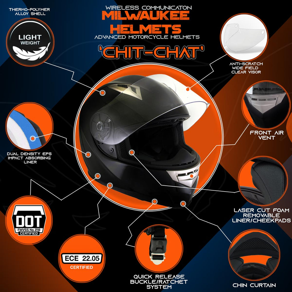 Milwaukee Helmets H510 Gloss Black Chit-Chat Full Face Wireless Motorcycle Helmet-Stream Music-Phone Calls