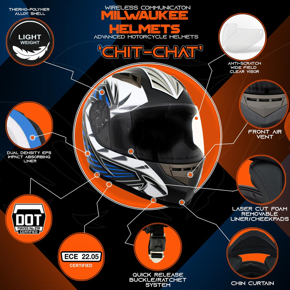Milwaukee Helmets H512 Titanium and Blue Chit-Chat Full Face Wireless Motorcycle Helmet-Stream Music-Phone Calls