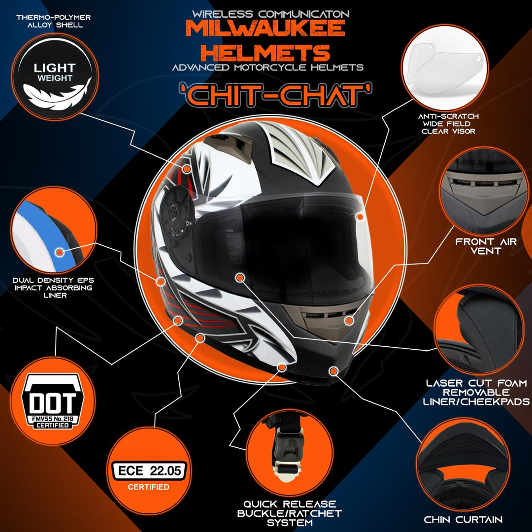 Milwaukee Helmets H520 Titanium and Red Chit-Chat Black Full Face Motorcycle Helmet w/ Intercom