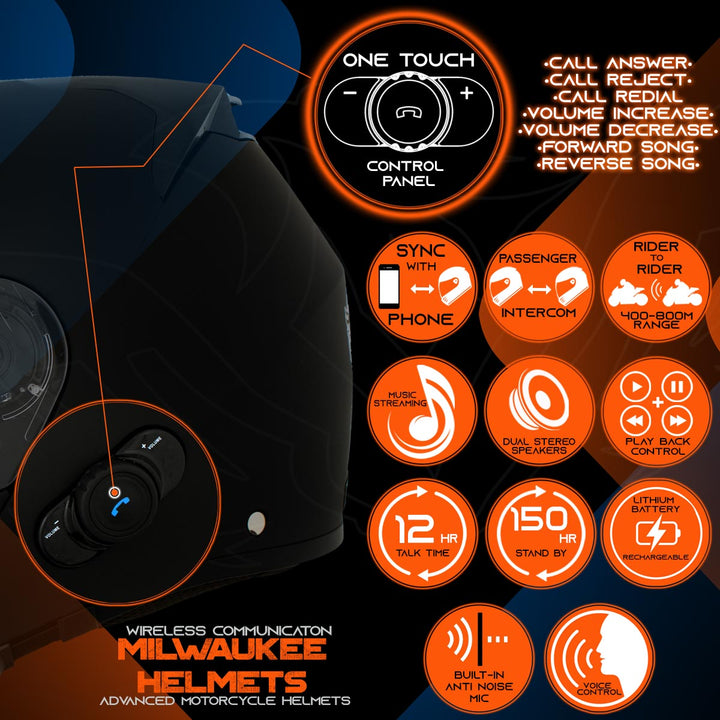 Milwaukee Helmets H7005 Flat Black Mayday Modular Full Face Wireless Motorcycle Helmet-Stream Music-Phone Calls