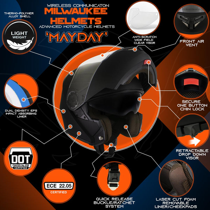 Milwaukee Helmets H7005 Flat Black Mayday Modular Full Face Wireless Motorcycle Helmet-Stream Music-Phone Calls