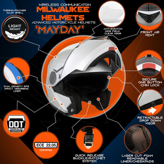 Milwaukee Helmets H7010 Flat Gray Mayday Modular Full Face Wireless Motorcycle Helmet-Stream Music-Phone Calls