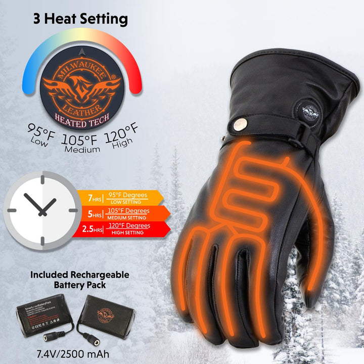 Milwaukee Leather MG7519SET Men’s Black Leather Heated Winter Gloves for Motorcycle Ski Hiking &amp; i-Touch