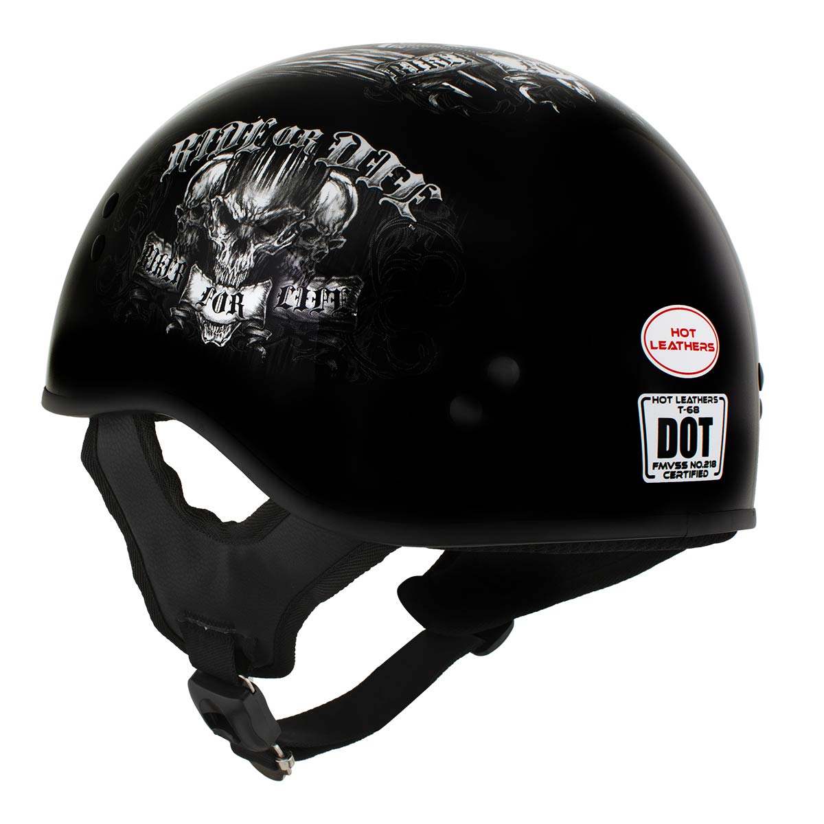 Hot Leathers HLD1016 'Ride or Die' Gloss Black Motorcycle DOT Skull Cap Half Helmet for Men and Women Biker