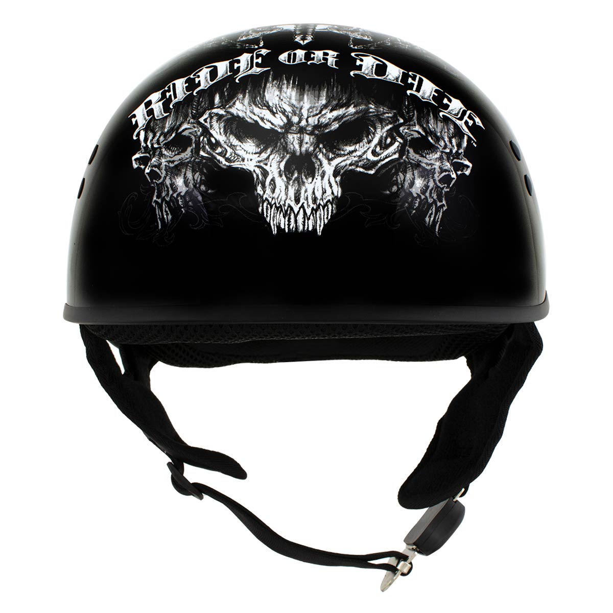 Hot Leathers HLD1016 'Ride or Die' Gloss Black Motorcycle DOT Skull Cap Half Helmet for Men and Women Biker