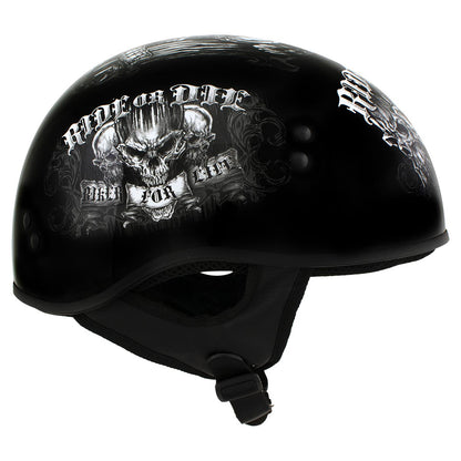 Hot Leathers HLD1016 'Ride or Die' Gloss Black Motorcycle DOT Skull Cap Half Helmet for Men and Women Biker