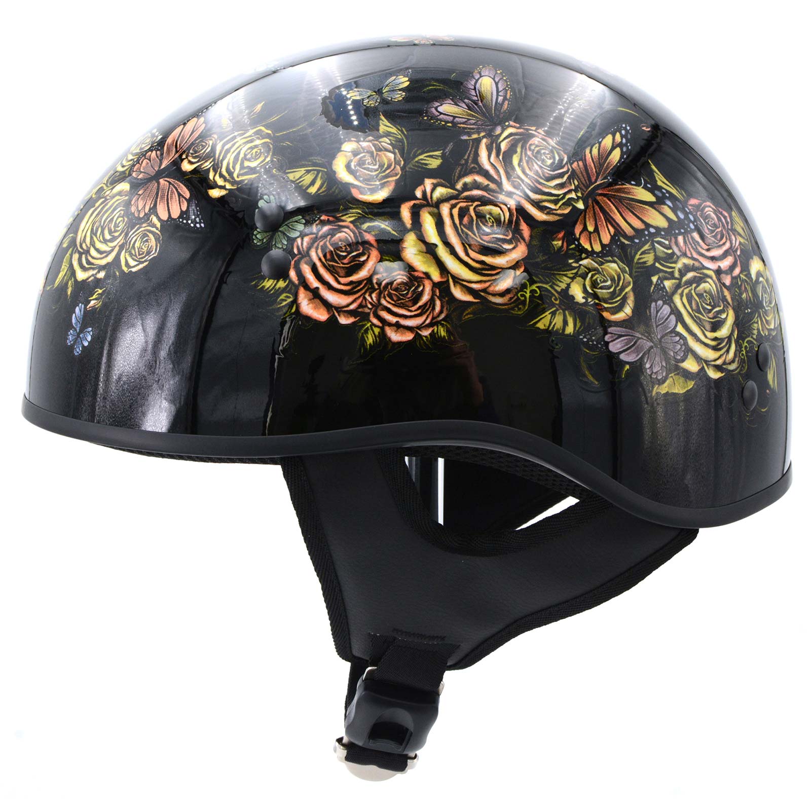 3 4 motorcycle helmet mussel Hot Leathers HLD1034 'Butterfly Lock' Gloss Black Motorcycle DOT Approved Skull Cap Half Biker Helmet