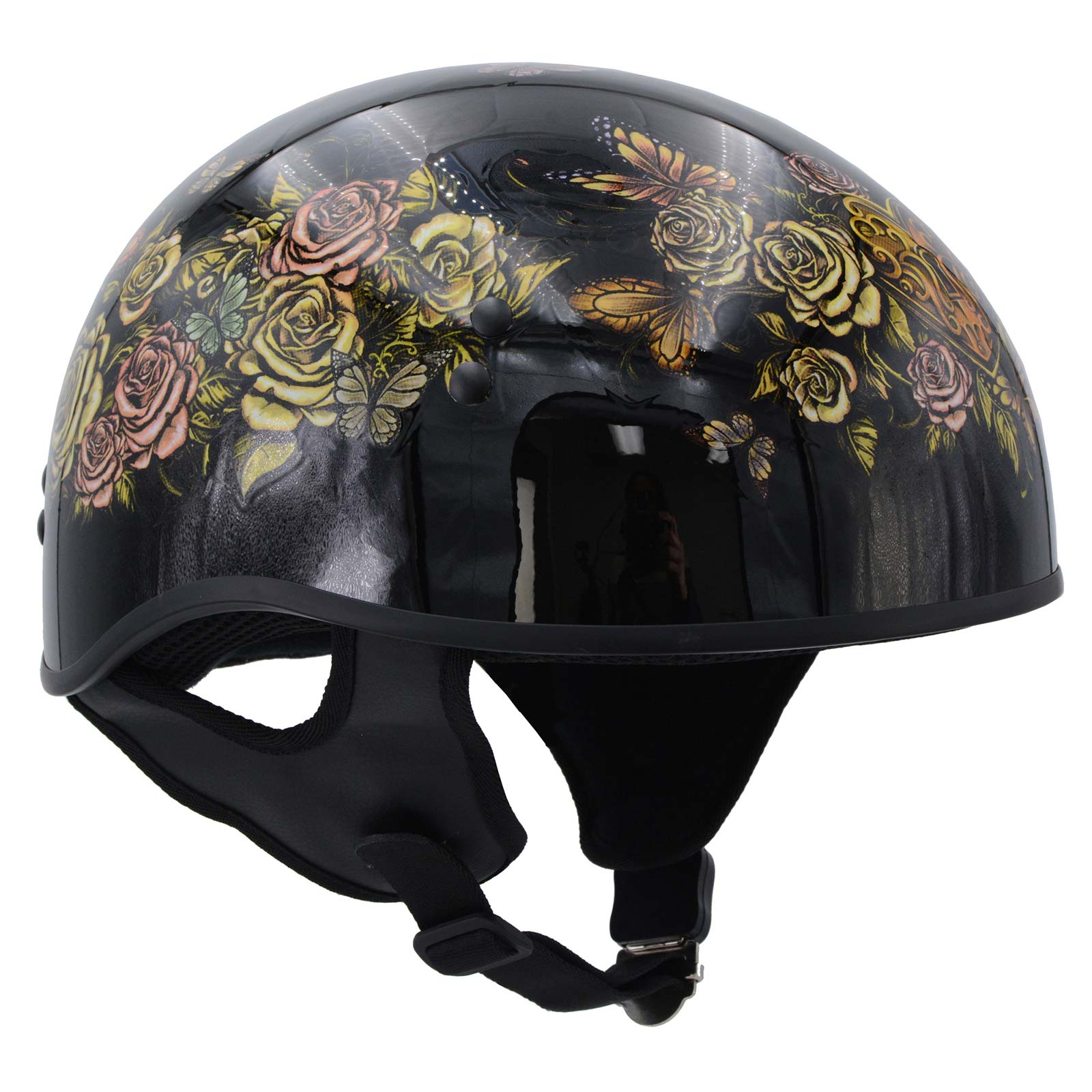 Hot Leathers HLD1034 Butterfly Lock Gloss Black Motorcycle DOT Approved Skull Cap Half Biker Helmet