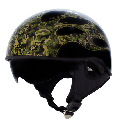 Hot Leathers HLD1047 Gloss Black 'Camo Skull Flames' Advanced DOT Skull Half Helmet with Drop Down Tinted Visor